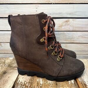 Sorel Joan Wedge Boot NL3791 Brown Leather Waterproof Lace Up Womens Size 8